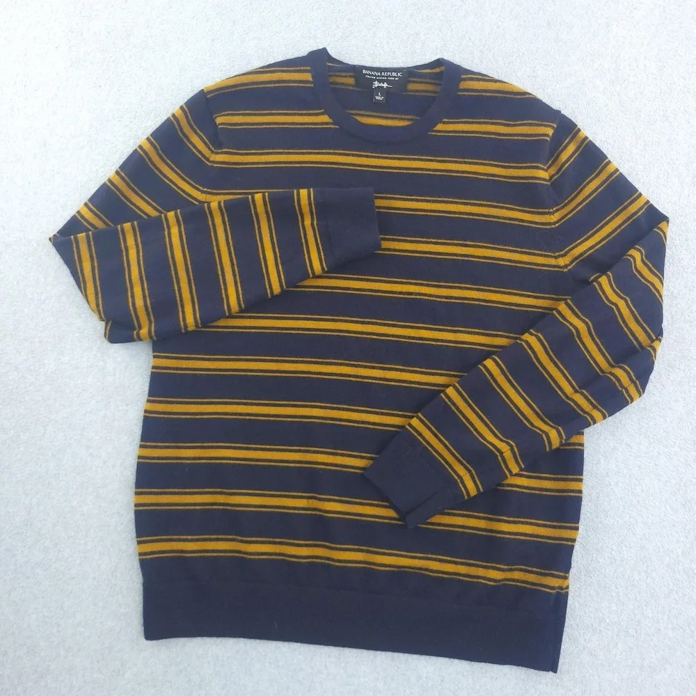 Banana Republic Sweater Mens L Blue Merino Wool Crewneck Knit Pullover Striped